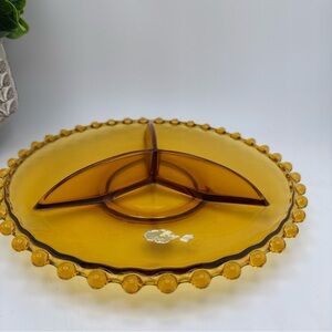 Vintage 9" BOHEMIA CRYSTAL Amber Glass 3 Part Divided Relish Dish Bowl